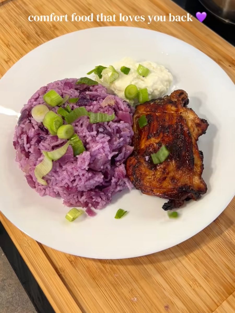 Purple red cabbage rice with a sticky glazed chicken thigh, cottage cheese and spring onions
